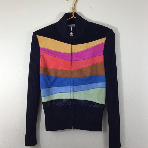St. John Collection Sweaters - St. John Collection Knit Suede Leather Zip Jacket